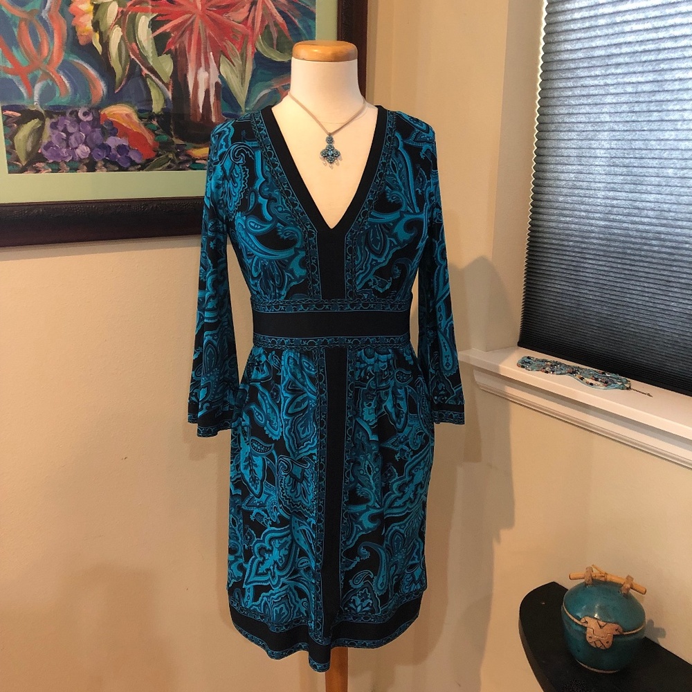 INC Teal & Black Print Jersey Career Dress - S